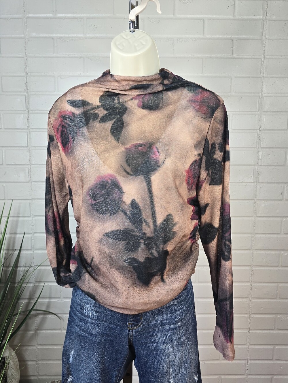 River Island Brown Floral Mesh Long Sleeve Top Medium/Large